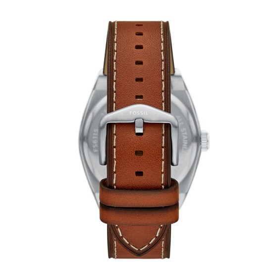 Men's Fossil Everett Brown Leather Strap Watch with Textured Blue Dial (Model: Fs6115)