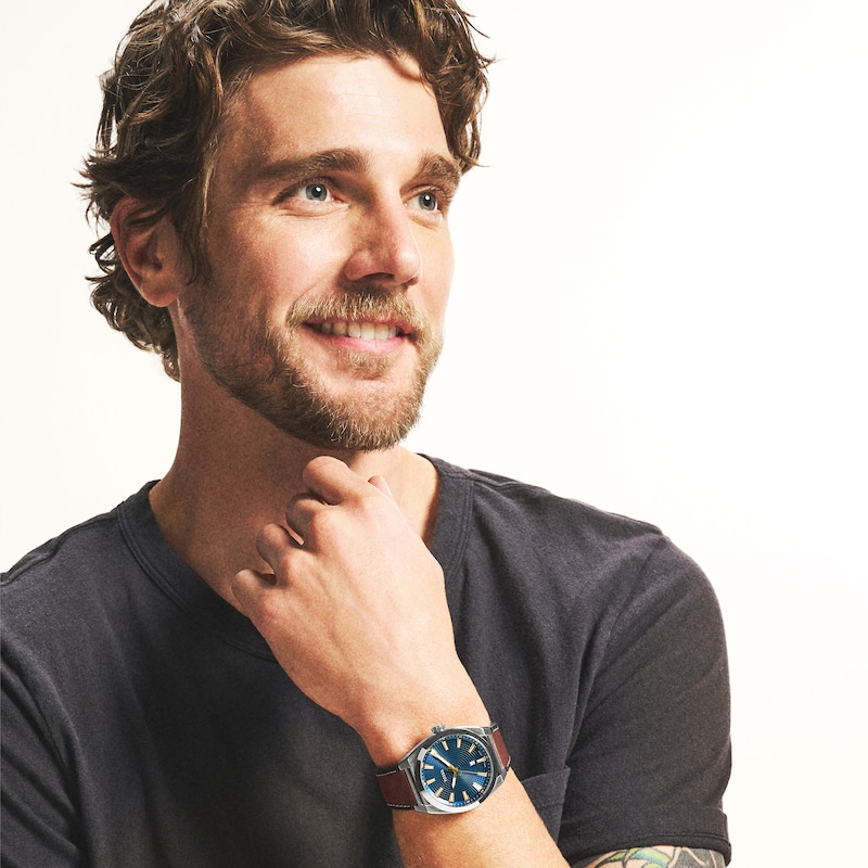Main Image 4 of Men's Fossil Everett Brown Leather Strap Watch with Textured Blue Dial (Model: FS6115)