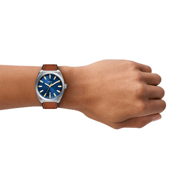 Men's Fossil Everett Brown Leather Strap Watch with Textured Blue Dial (Model: Fs6115)