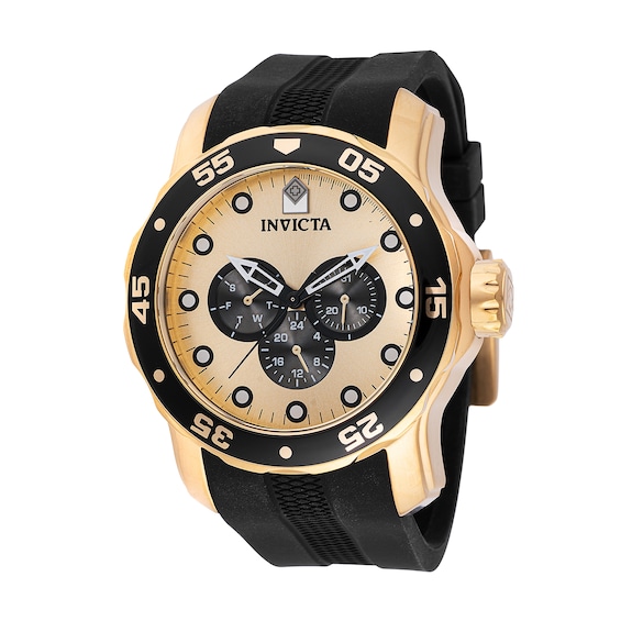 Men's Invicta Pro Diver Scuba Gold-Tone IP Black Silicone Strap Chronograph Watch with Gold-Tone Dial (Model