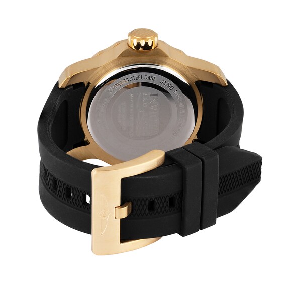 Men's Invicta Pro Diver Scuba Gold-Tone IP Black Silicone Strap Chronograph Watch with Gold-Tone Dial (Model