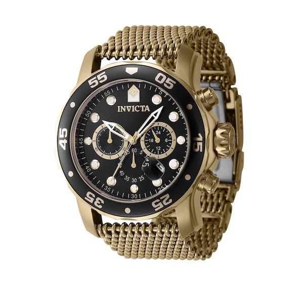 Men's Invicta Pro Diver Atlas Gold-Tone IP Mesh Bracelet Chronograph Watch with Black Dial (Model: 47238)