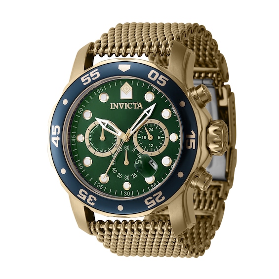 Men's Invicta Pro Diver Atlas Gold-Tone IP Mesh Bracelet Chronograph Watch with Green Dial (Model: 47241)
