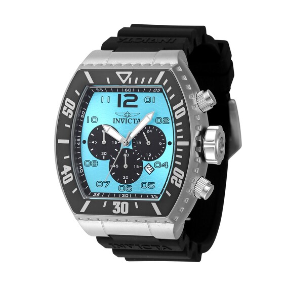 Men's Invicta Pro Diver Chronograph GMT Black Silicone Strap Watch with Tonneau Light Blue Dial (Model: 47284)