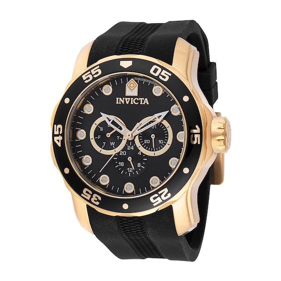 Men's Invicta Pro Diver Scuba Gold-Tone IP Black Silicone Strap Chronograph Watch with Black Dial (Model: 45720)