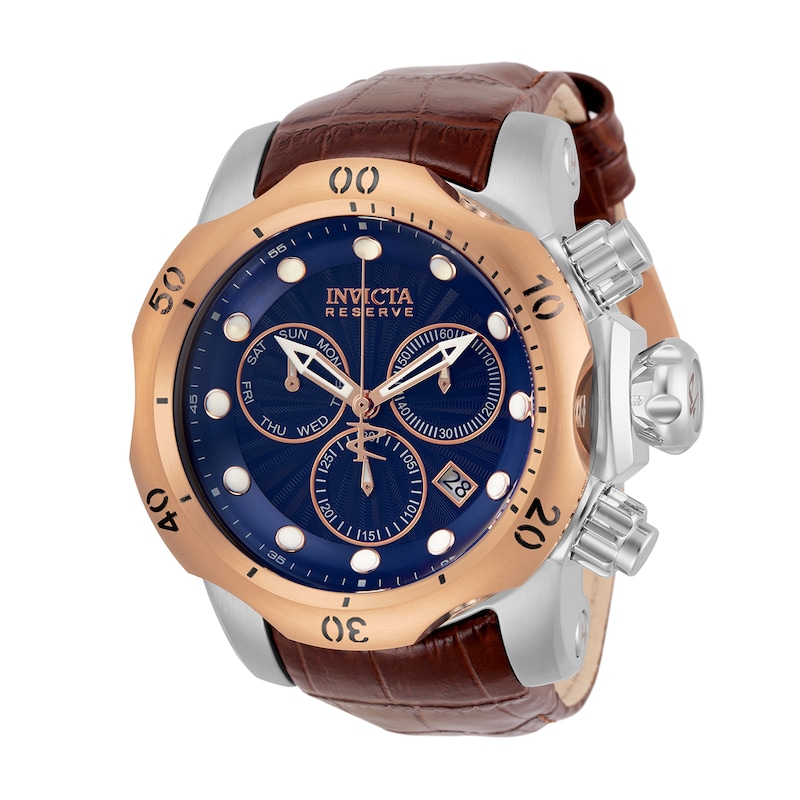 Main Image 1 of Men's Invicta Reserve Venom Two-Tone IP Brown Leather Strap Chronograph Dive Watch with Blue Dial (Model: 32957)