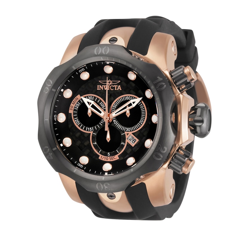 Main Image 1 of Men's Invicta Reserve Venom Rose-Tone IP Black Strap Chronograph Dive Watch with Black Dial (Model: 0361)