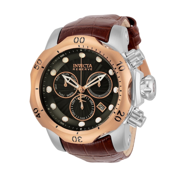Men's Invicta Reserve Venom Two-Tone IP Brown Leather Strap Chronograph Dive Watch with Grey Dial (Model: 32958)