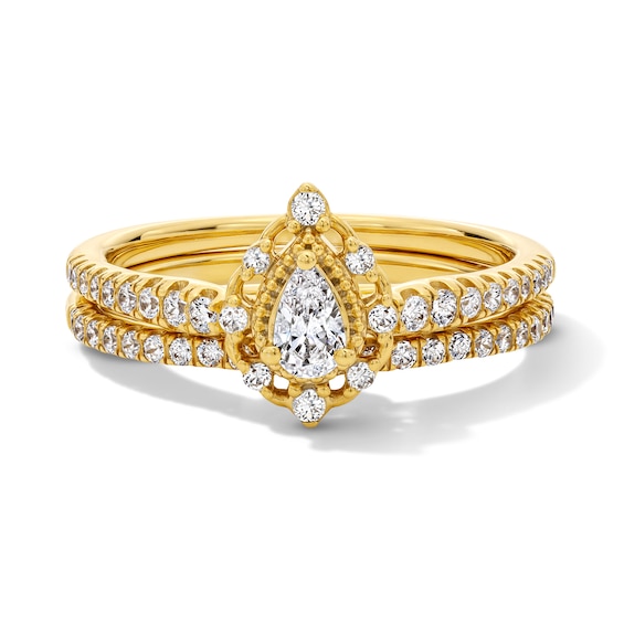 5/8 CT. T.w. Pear-Shaped Certified Lab-Grown Diamond Frame Vintage-Style Bridal Set in 14K Gold (F/Vs2)