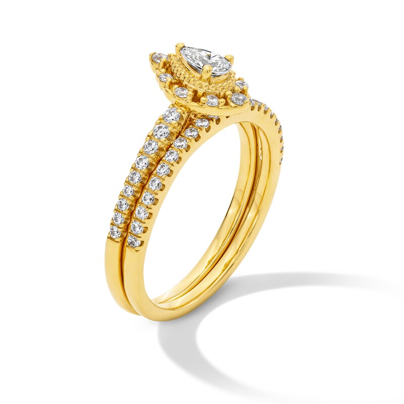 Main Image 3 of 5/8 CT. T.W. Pear-Shaped Certified Lab-Grown Diamond Frame Vintage-Style Bridal Set in 14K Gold (F/VS2)