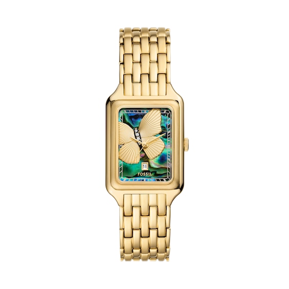 Ladies' Fossil Raquel Crystal Accent Gold-Tone IP Watch with Rectangular Abalone Butterfly Dial (Model: Es5409)
