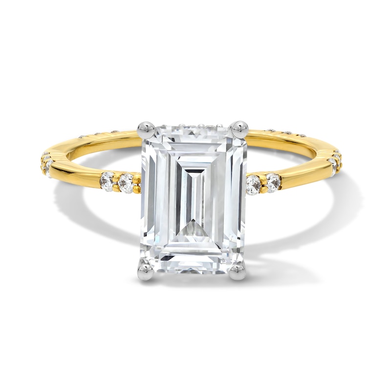 Main Image 1 of 3-1/3 CT. T.W. Emerald-Cut Certified Lab-Grown Diamond Station Shank Engagement Ring in 14K Gold (F/VS2)