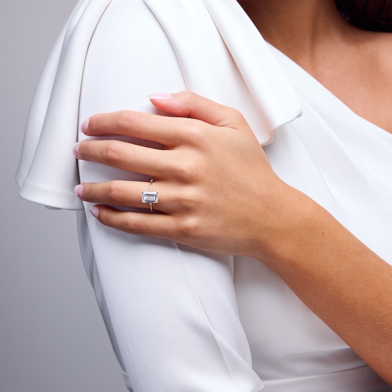 Main Image 2 of 3-1/3 CT. T.W. Emerald-Cut Certified Lab-Grown Diamond Station Shank Engagement Ring in 14K Gold (F/VS2)