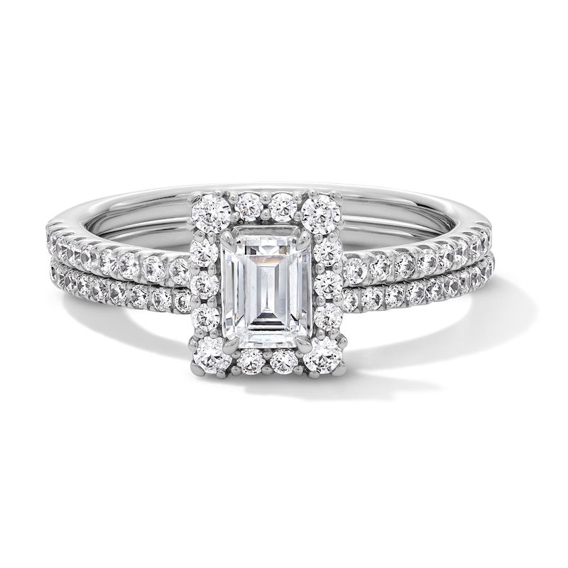 Main Image 1 of 1 CT. T.W. Emerald-Cut Certified Lab-Grown Diamond Frame Bridal Set in 14K White Gold (F/VS2)