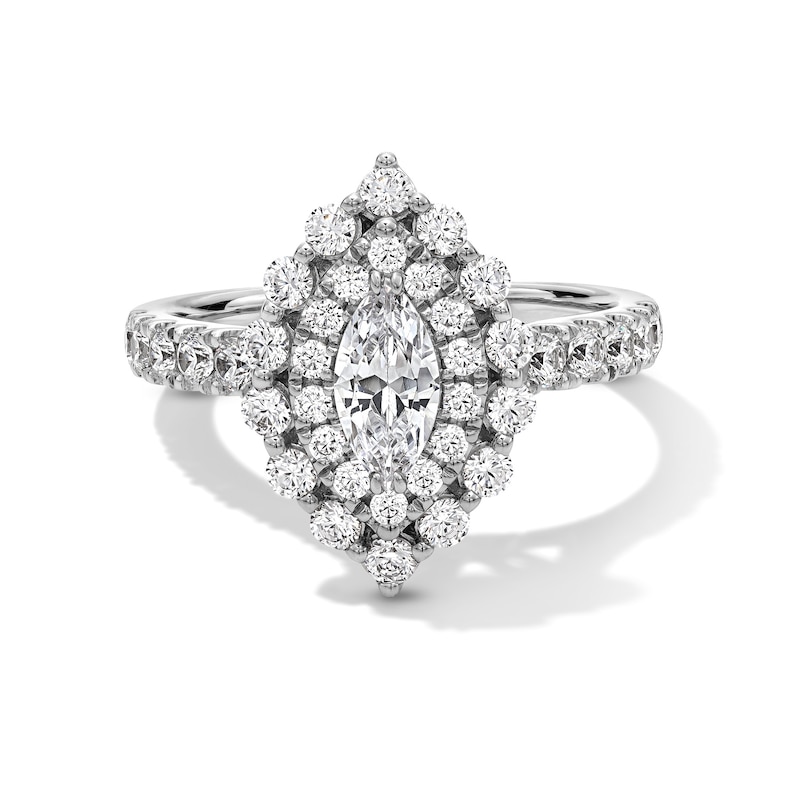 Main Image 1 of 1-1/2 CT. T.W. Marquise-Cut Diamond Double Scallop Frame Engagement Ring in 14K White Gold
