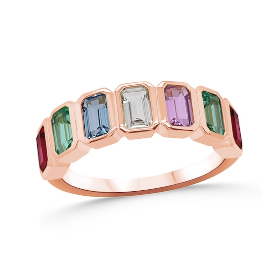 Family Emerald-Cut Bezel-Set Natural Gem Birthstone Ring (3-7 Stones)