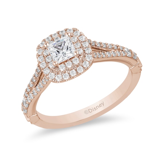 Enchanted Disney Belle 3/4 CT. T.w. Princess-Cut Diamond Double Frame Rose Engagement Ring in 14K Rose Gold
