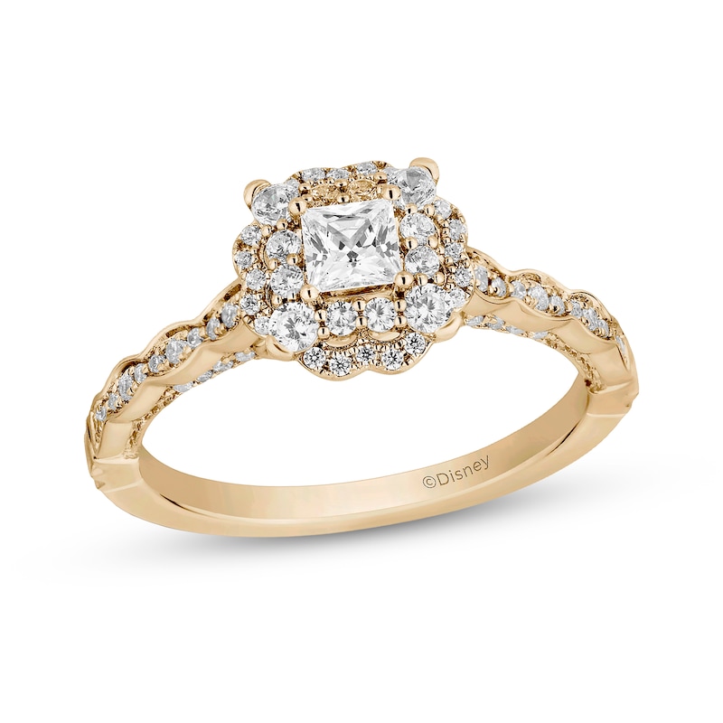 Main Image 1 of Enchanted Disney Cinderella 3/4 CT. T.W. Princess-Cut Diamond Frame Scalloped Shank Engagement Ring in 14K Gold