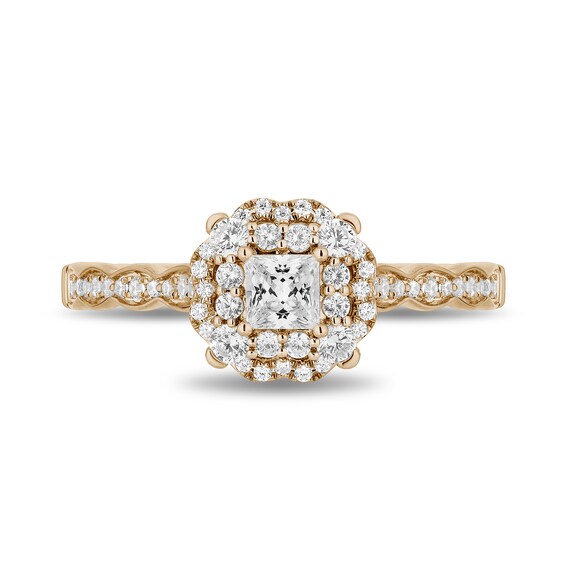 Enchanted Disney Cinderella 3/4 CT. T.w. Princess-Cut Diamond Frame Scalloped Shank Engagement Ring in 14K Gold