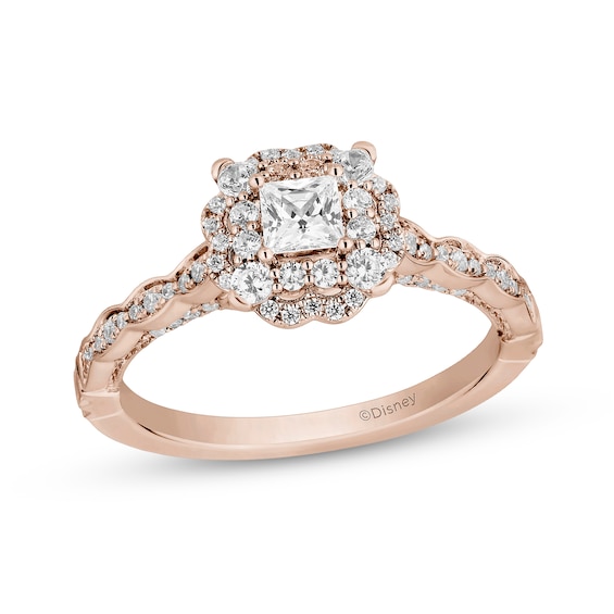 Enchanted Disney Cinderella 3/4 CT. T.w. Princess-Cut Diamond Frame Scalloped Shank Engagement Ring in 14K Rose Gold