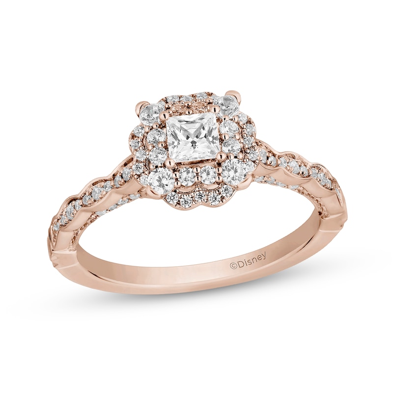 Main Image 1 of Enchanted Disney Cinderella 3/4 CT. T.W. Princess-Cut Diamond Frame Scalloped Shank Engagement Ring in 14K Rose Gold