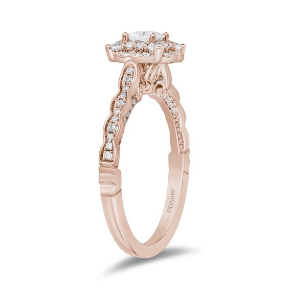 Enchanted Disney Cinderella 3/4 CT. T.w. Princess-Cut Diamond Frame Scalloped Shank Engagement Ring in 14K Rose Gold