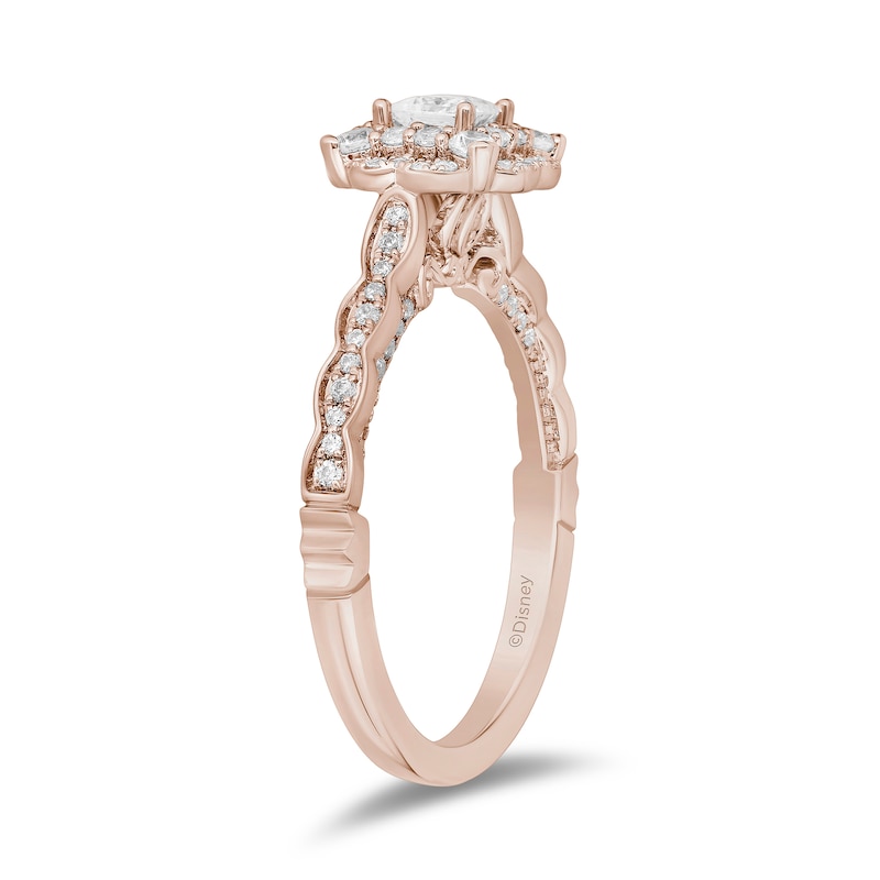 Main Image 2 of Enchanted Disney Cinderella 3/4 CT. T.W. Princess-Cut Diamond Frame Scalloped Shank Engagement Ring in 14K Rose Gold