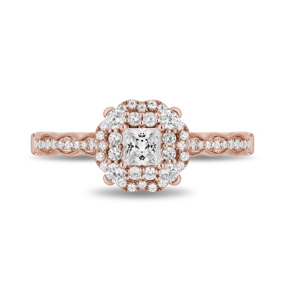 Enchanted Disney Cinderella 3/4 CT. T.w. Princess-Cut Diamond Frame Scalloped Shank Engagement Ring in 14K Rose Gold