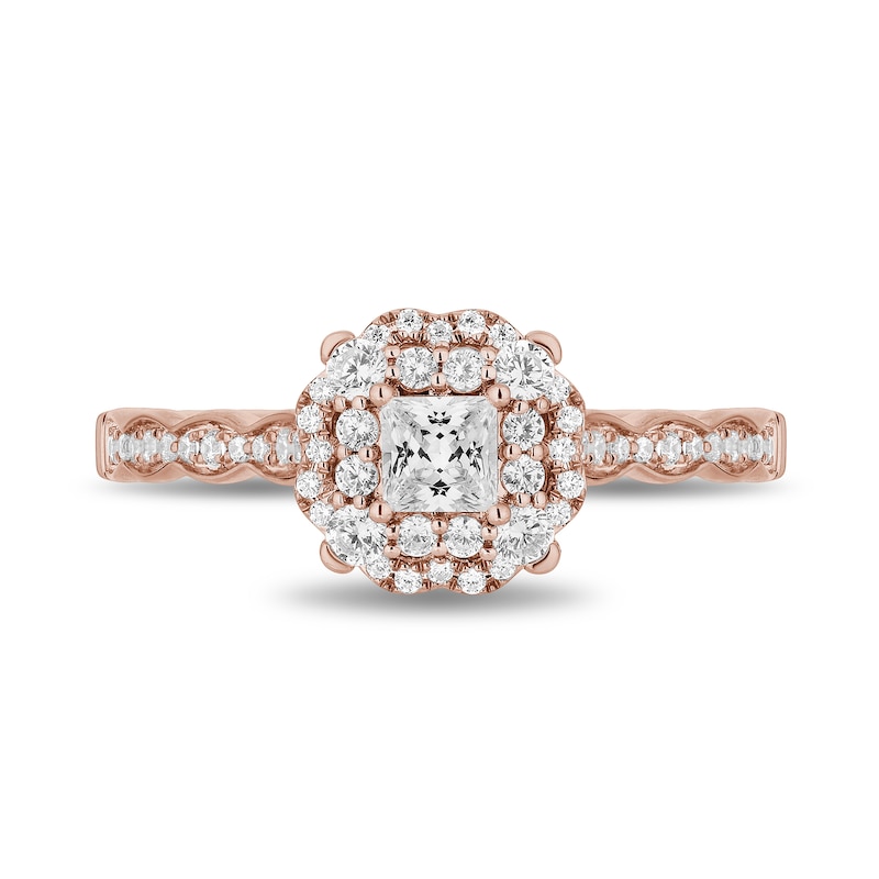 Main Image 4 of Enchanted Disney Cinderella 3/4 CT. T.W. Princess-Cut Diamond Frame Scalloped Shank Engagement Ring in 14K Rose Gold