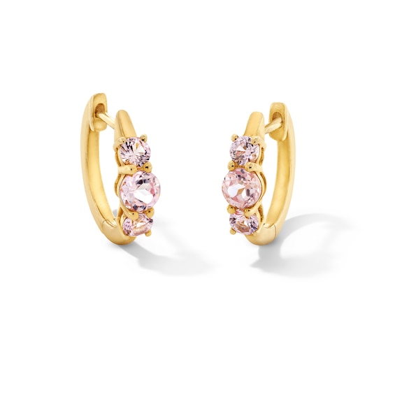 Morganite Three-Stone Huggie Hoop Earrings in Sterling Silver with 10K Gold Plate