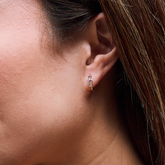Morganite Three-Stone Huggie Hoop Earrings in Sterling Silver with 10K Gold Plate