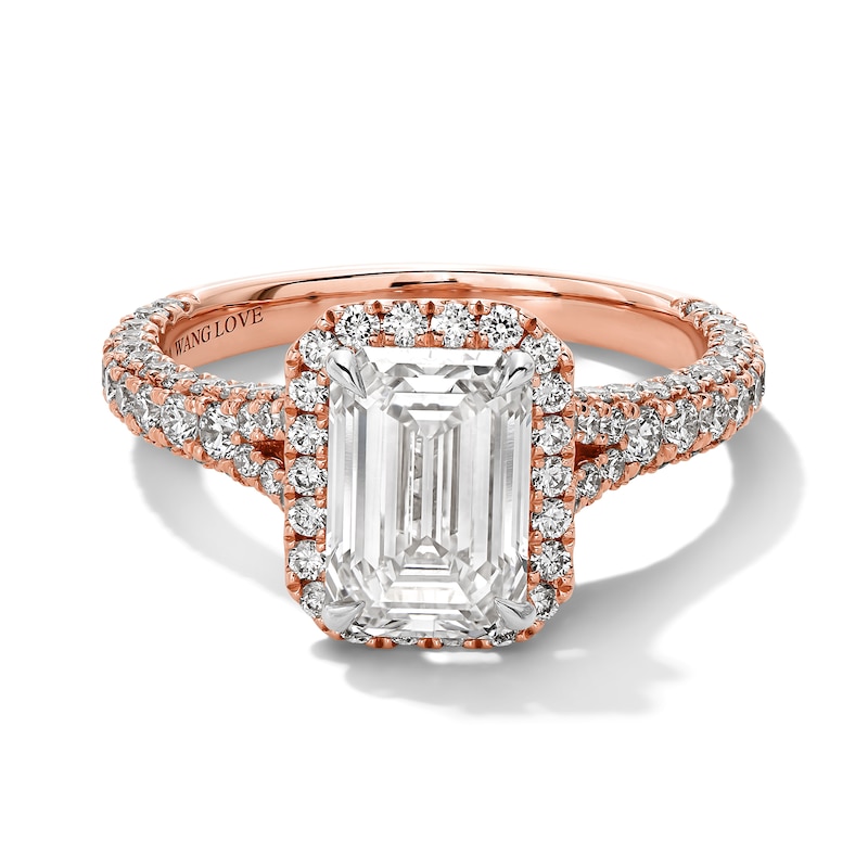 Main Image 1 of Vera Wang Love Collection 3 CT. T.W. Emerald-Cut Certified Lab-Grown Diamond Engagement Ring in 14K Rose Gold (F/VS2)