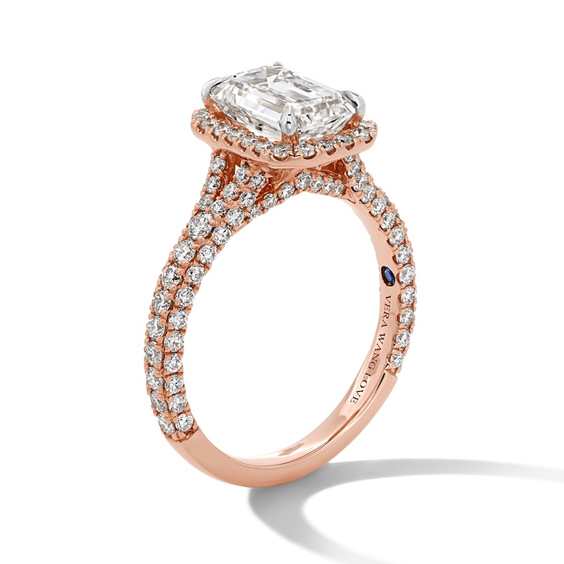 Main Image 2 of Vera Wang Love Collection 3 CT. T.W. Emerald-Cut Certified Lab-Grown Diamond Engagement Ring in 14K Rose Gold (F/VS2)