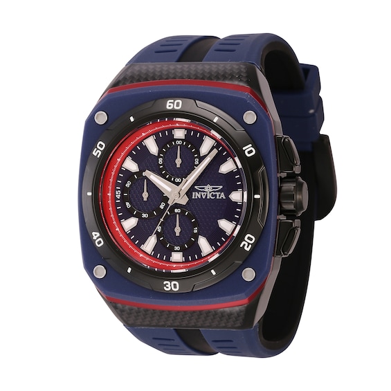 Men's Invicta Speedway Black IP Blue Silicone Strap Chronograph Watch with Blue and Red Dial (Model: 46108)