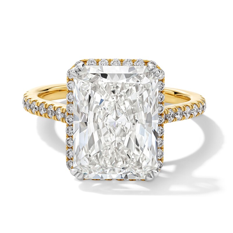 Main Image 1 of 6.45 CT. T.W. Radiant-Cut Certified Lab-Grown Diamond Frame Engagement Ring in 14K Gold (F/VS2)