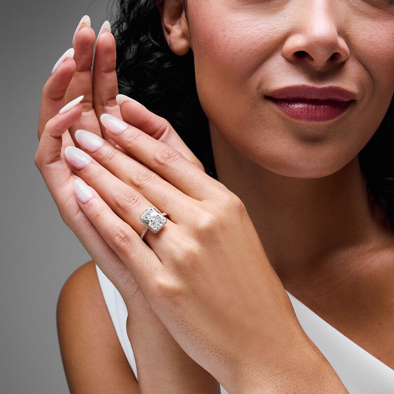 Main Image 2 of 6.45 CT. T.W. Radiant-Cut Certified Lab-Grown Diamond Frame Engagement Ring in 14K Gold (F/VS2)