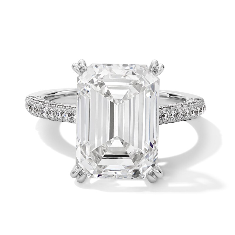 Main Image 1 of 8.69 CT. T.W. Emerald-Cut Certified Lab-Grown Diamond Hidden Frame Engagement Ring in 14K White Gold (F/VS2)