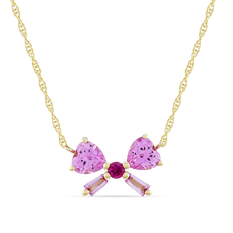 Main Image 1 of Heart-Shaped and Baguette-Cut Pink Lab-Created Sapphire and Lab-Created Ruby Bow Necklace in 10K Gold