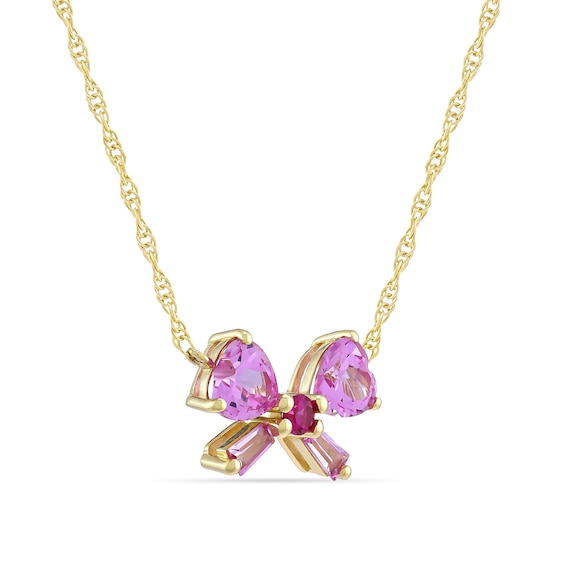 Heart-Shaped and Baguette-Cut Pink Lab-Created Sapphire and Lab-Created Ruby Bow Necklace in 10K Gold