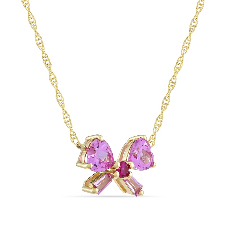 Main Image 2 of Heart-Shaped and Baguette-Cut Pink Lab-Created Sapphire and Lab-Created Ruby Bow Necklace in 10K Gold