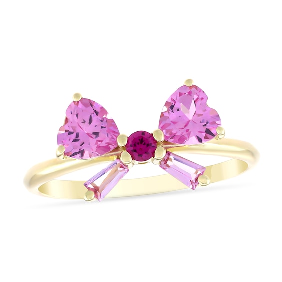 Heart-Shaped and Baguette-Cut Pink Lab-Created Sapphire and Lab-Created Ruby Bow Ring in 10K Gold