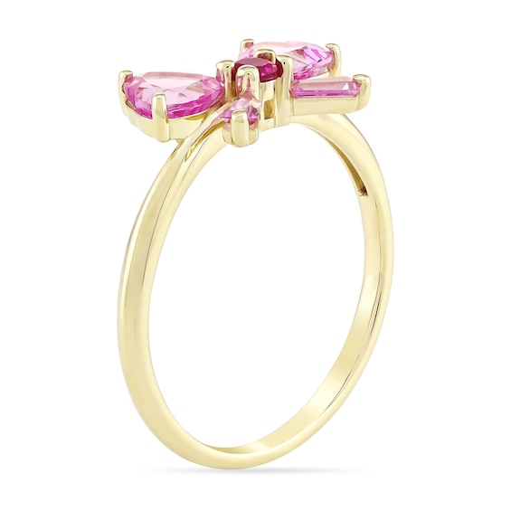 Heart-Shaped and Baguette-Cut Pink Lab-Created Sapphire and Lab-Created Ruby Bow Ring in 10K Gold