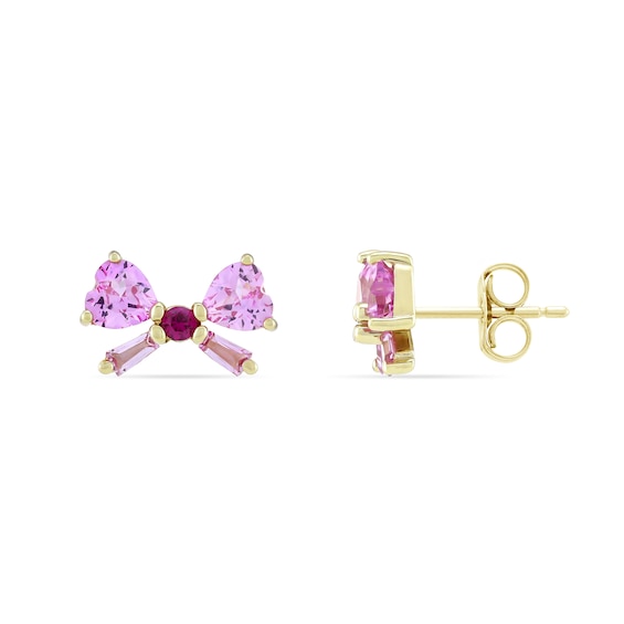 Heart-Shaped and Baguette-Cut Pink Lab-Created Sapphire and Lab-Created Ruby Bow Stud Earrings in 10K Gold