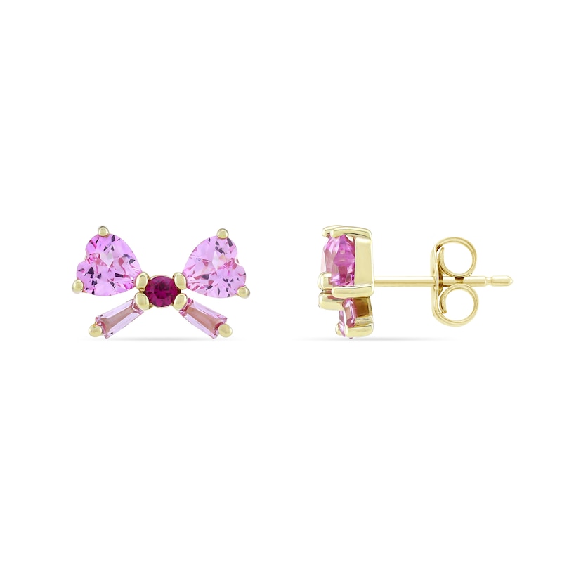 Main Image 2 of Heart-Shaped and Baguette-Cut Pink Lab-Created Sapphire and Lab-Created Ruby Bow Stud Earrings in 10K Gold