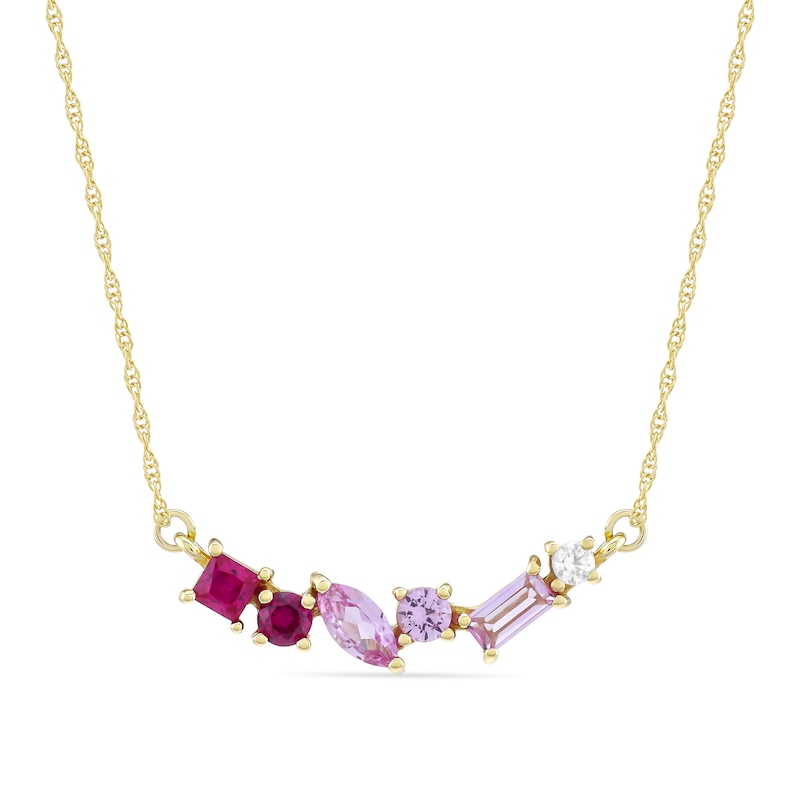 Main Image 1 of Mixed-Shape Pink and White Lab-Created Sapphire and Lab-Created Ruby Scatter Bar Necklace in 10K Gold