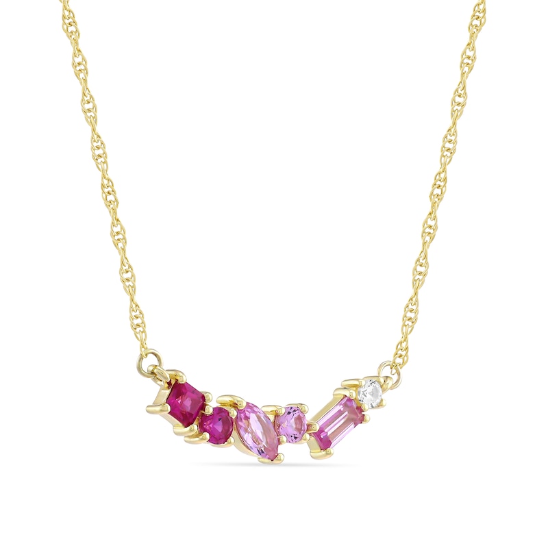 Main Image 2 of Mixed-Shape Pink and White Lab-Created Sapphire and Lab-Created Ruby Scatter Bar Necklace in 10K Gold