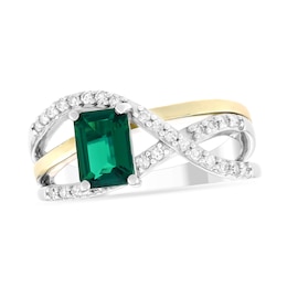 Emerald-Cut Lab-Created Emerald and 1/5 CT. T.W. Diamond Crossover Ring in Sterling Silver and 10K Gold