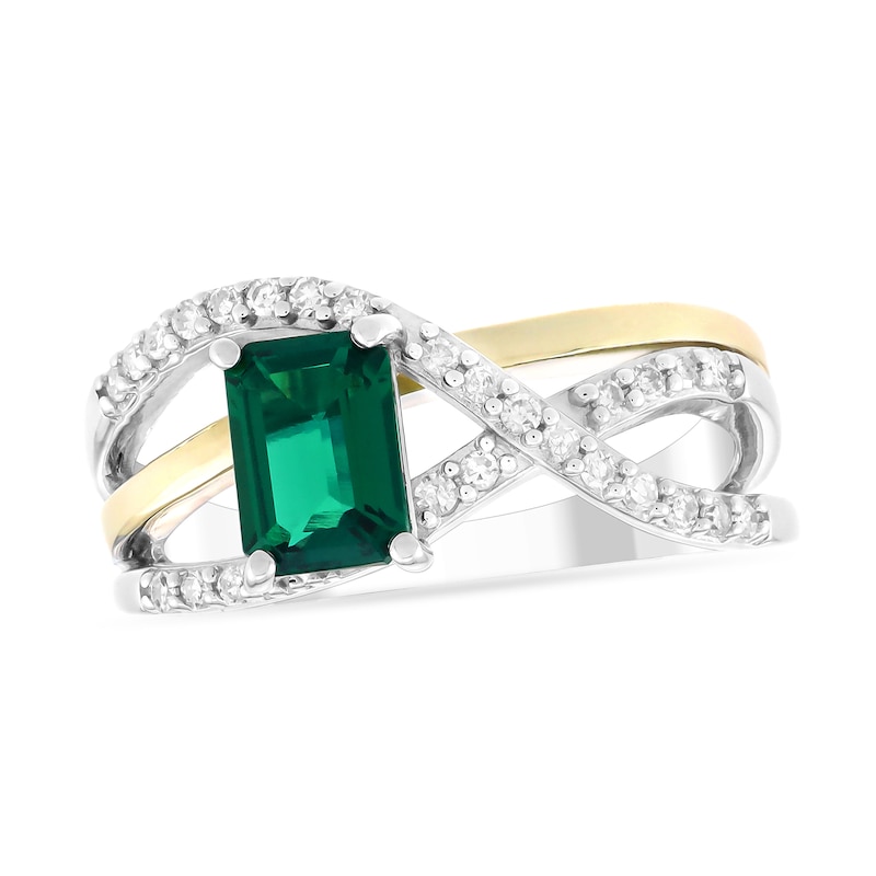 Main Image 1 of Emerald-Cut Lab-Created Emerald and 1/5 CT. T.W. Diamond Crossover Ring in Sterling Silver and 10K Gold