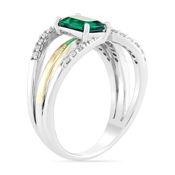 Emerald-Cut Lab-Created Emerald and 1/5 CT. T.w. Diamond Crossover Ring in Sterling Silver and 10K Gold