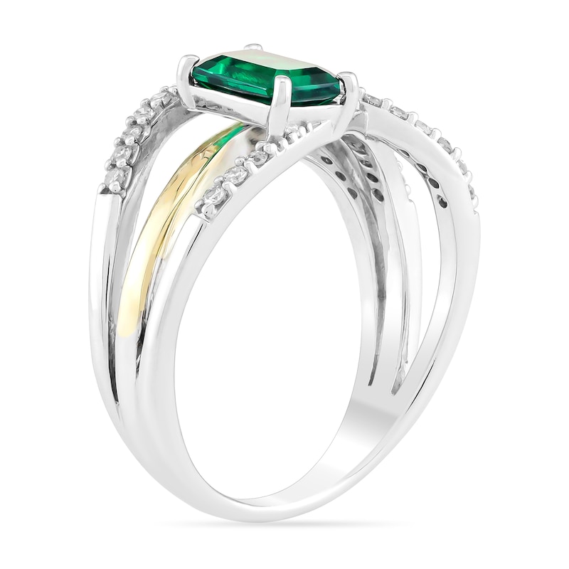 Main Image 2 of Emerald-Cut Lab-Created Emerald and 1/5 CT. T.W. Diamond Crossover Ring in Sterling Silver and 10K Gold